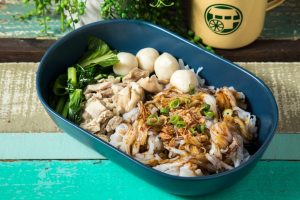 Tossed rice noodle served with fish ball, choice of protein, choy sum in our homemade soy sauce.