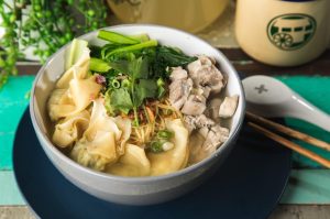 Chicken and Prawn dumpling soup with wanton noodle, shredded chicken and choy sum.