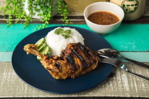 Indonesian turmeric marinated chicken (Maryland) grilled to perfection, served with peanut sauce, cucumber and rice.
